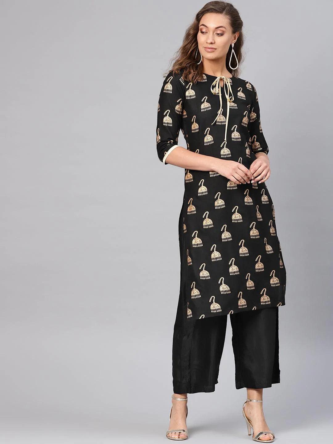 Black Printed Rayon Kurta - ShopLibas
