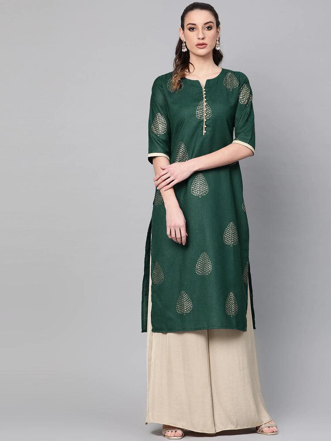 Green Printed Cotton Kurta - ShopLibas