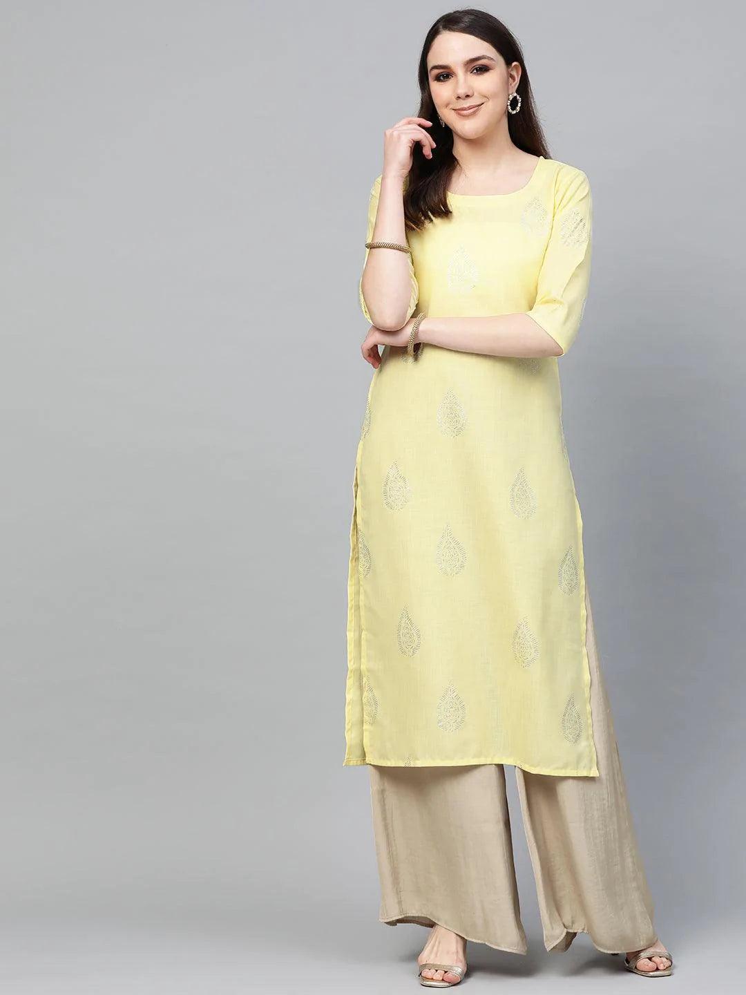 Yellow Printed Cotton Kurta - ShopLibas