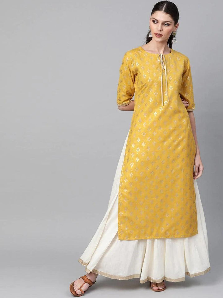 Mustard Printed Cotton Kurta - ShopLibas