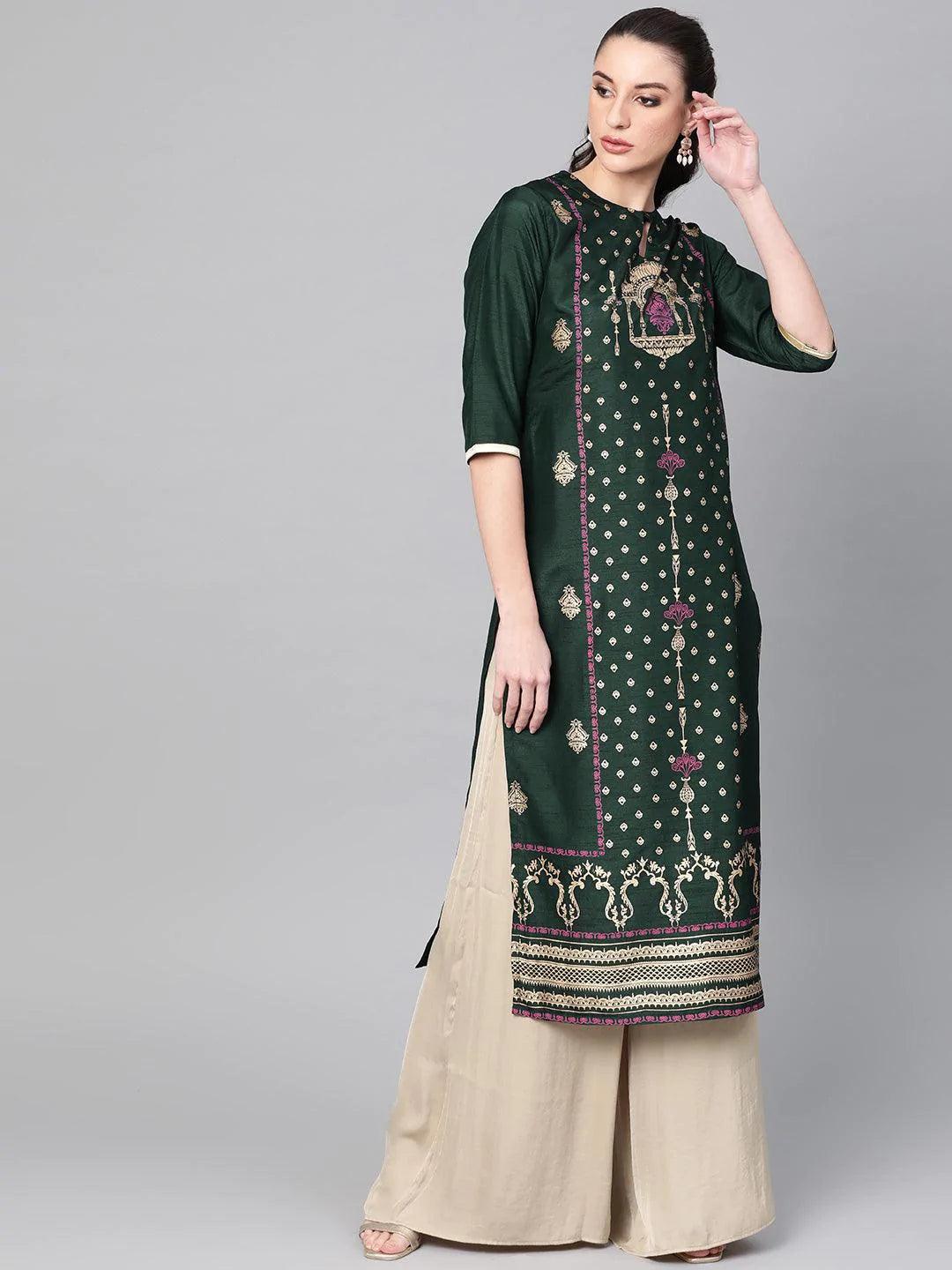 Green Printed Chanderi Kurta - ShopLibas