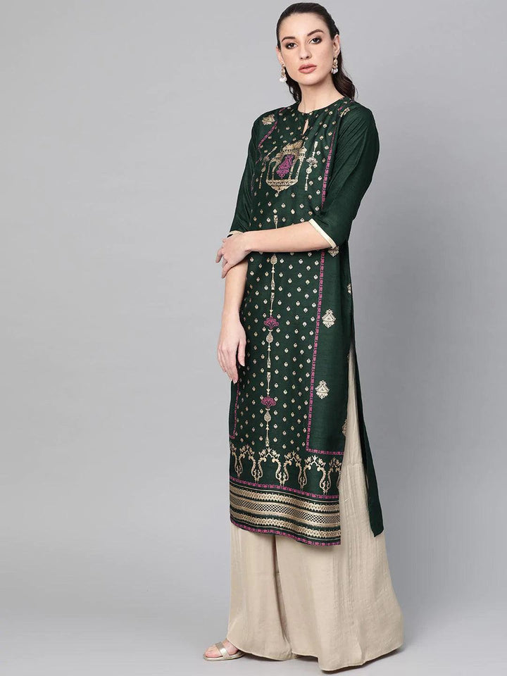 Green Printed Chanderi Kurta - ShopLibas