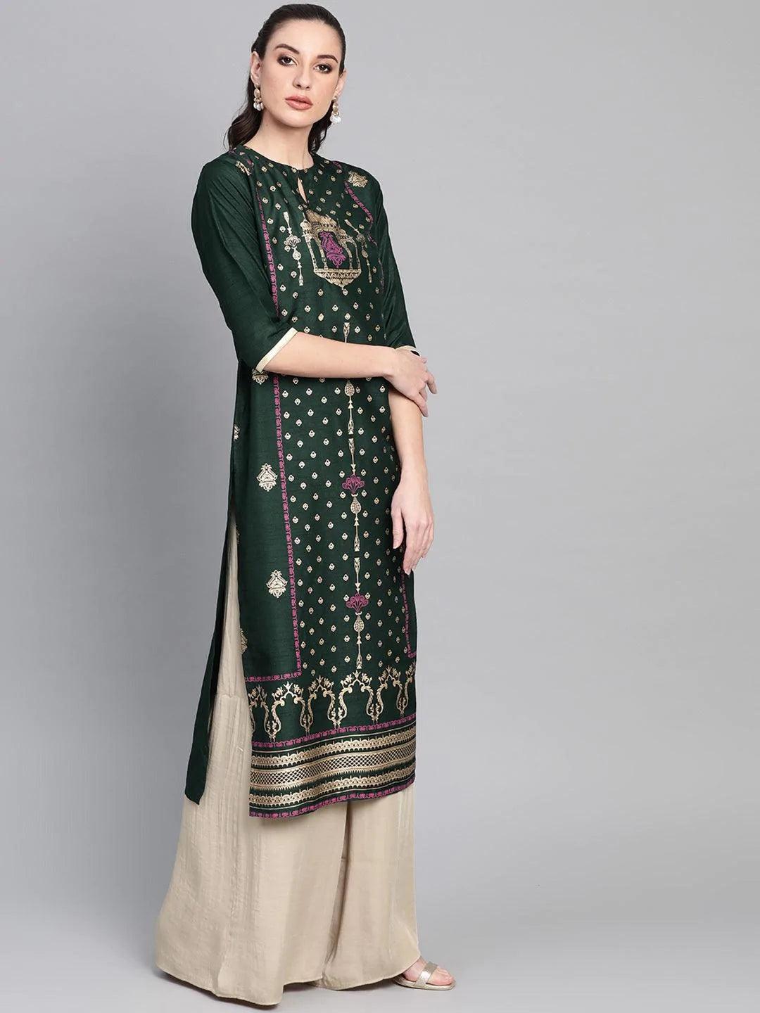 Green Printed Chanderi Kurta - ShopLibas