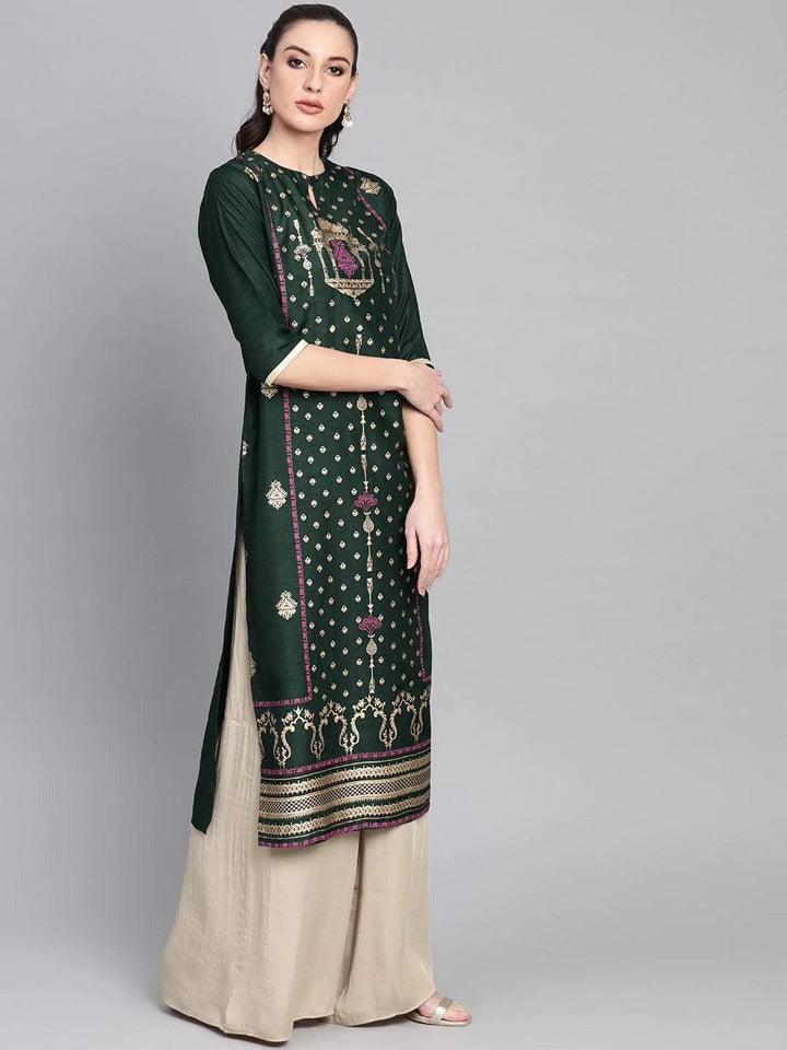 Green Printed Chanderi Kurta - ShopLibas
