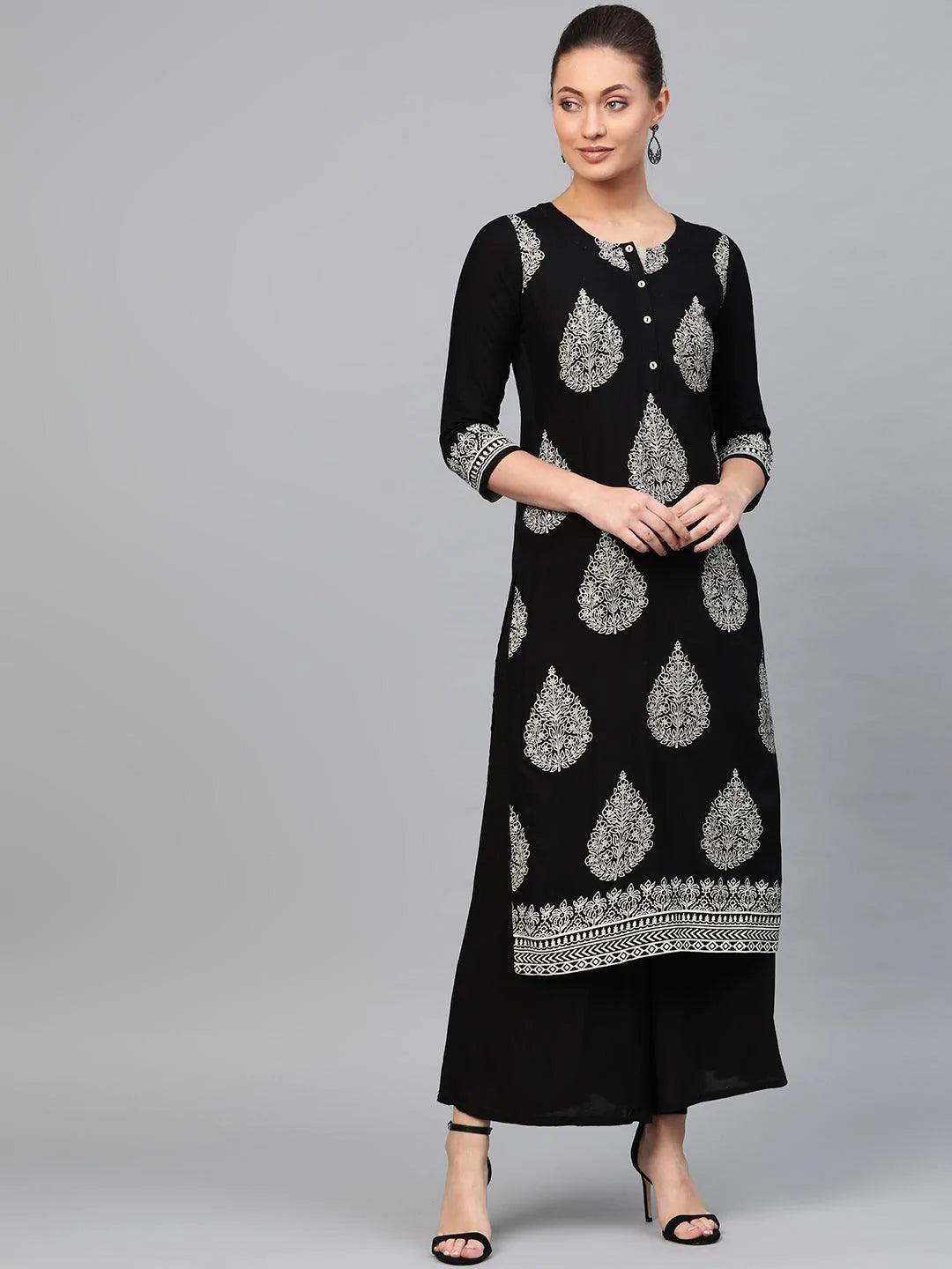 Black Printed Rayon Kurta - ShopLibas