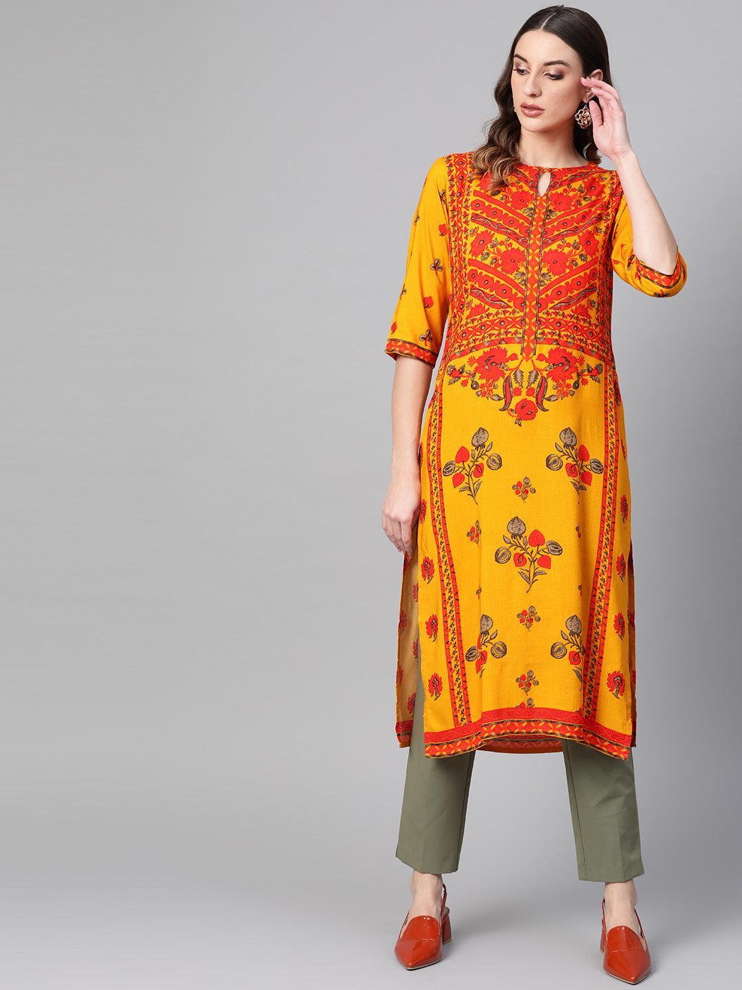 Yellow Printed Rayon Kurta - ShopLibas