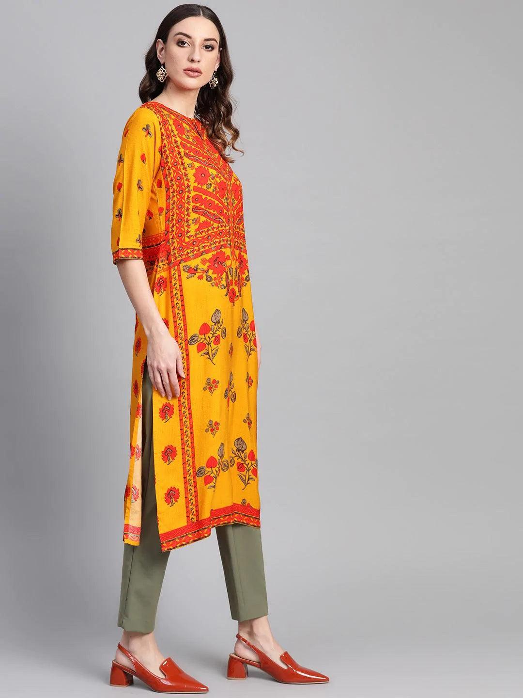 Yellow Printed Rayon Kurta - ShopLibas 