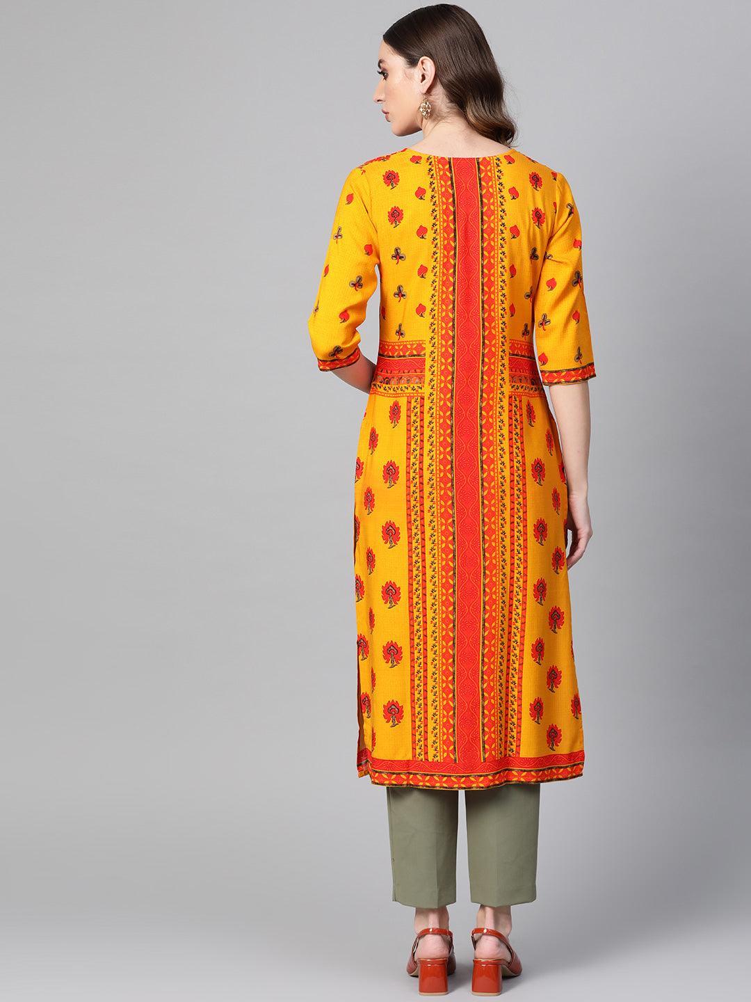 Yellow Printed Rayon Kurta - ShopLibas 