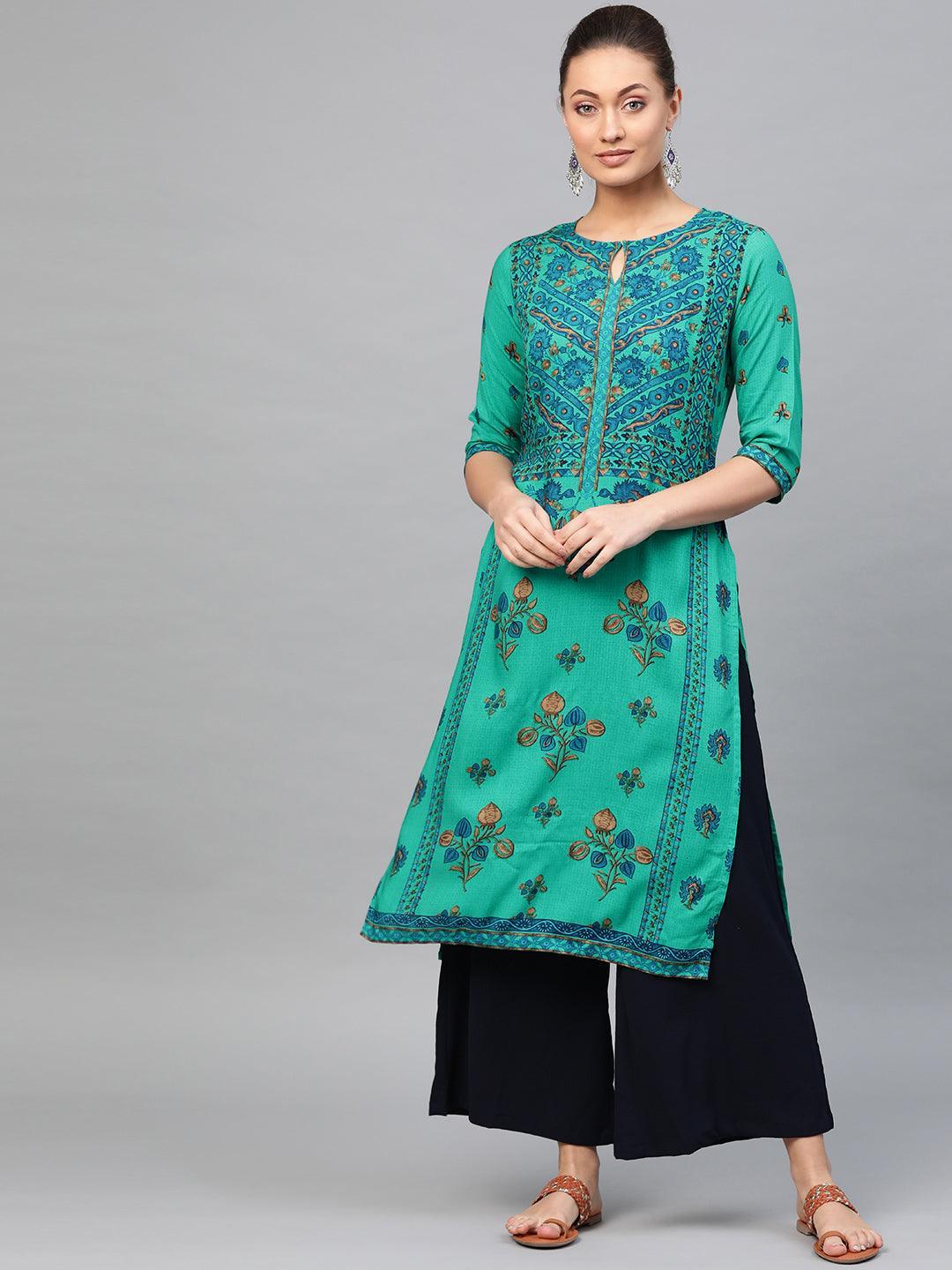 Green Printed Rayon Kurta - ShopLibas
