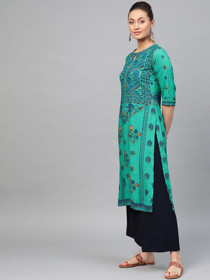 Green Printed Rayon Kurta