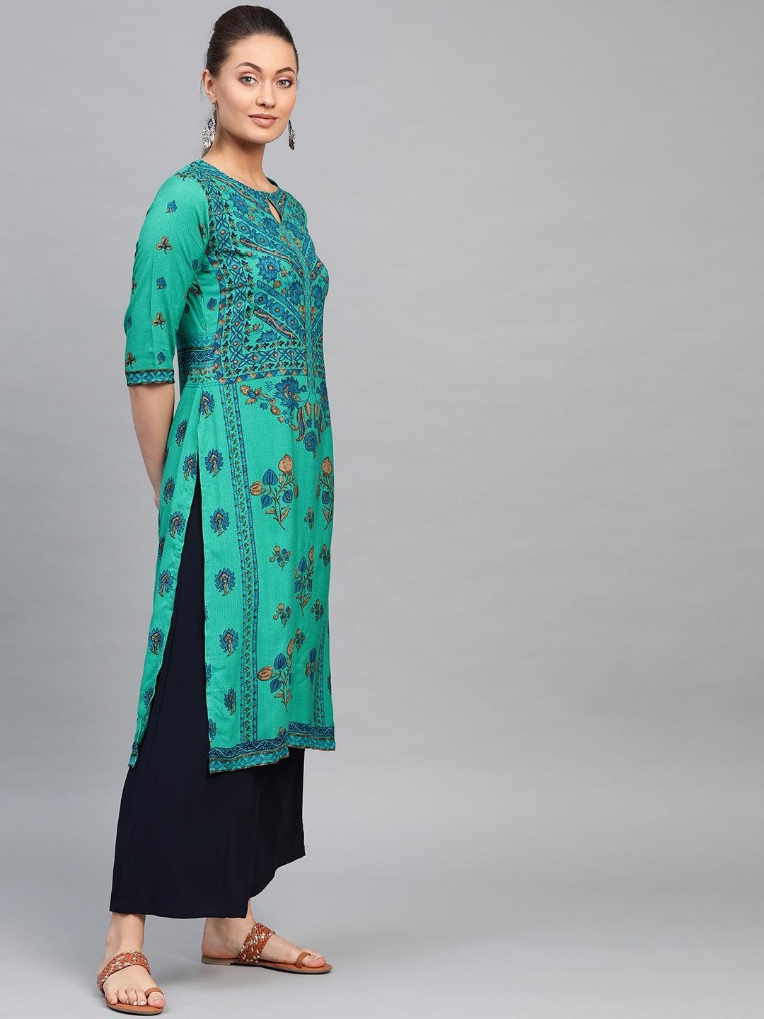 Green Printed Rayon Kurta - ShopLibas 
