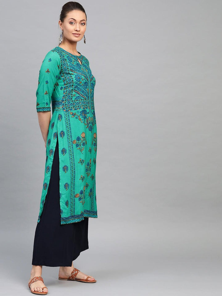 Green Printed Rayon Kurta