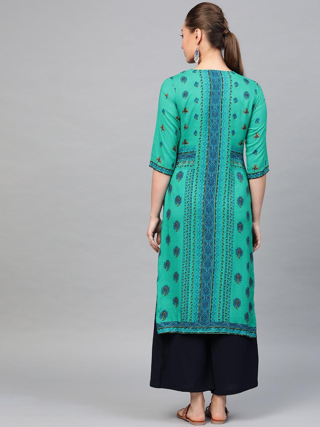 Green Printed Rayon Kurta - ShopLibas 