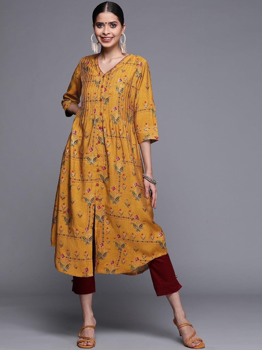 Yellow Printed Chanderi Silk Kurta - ShopLibas