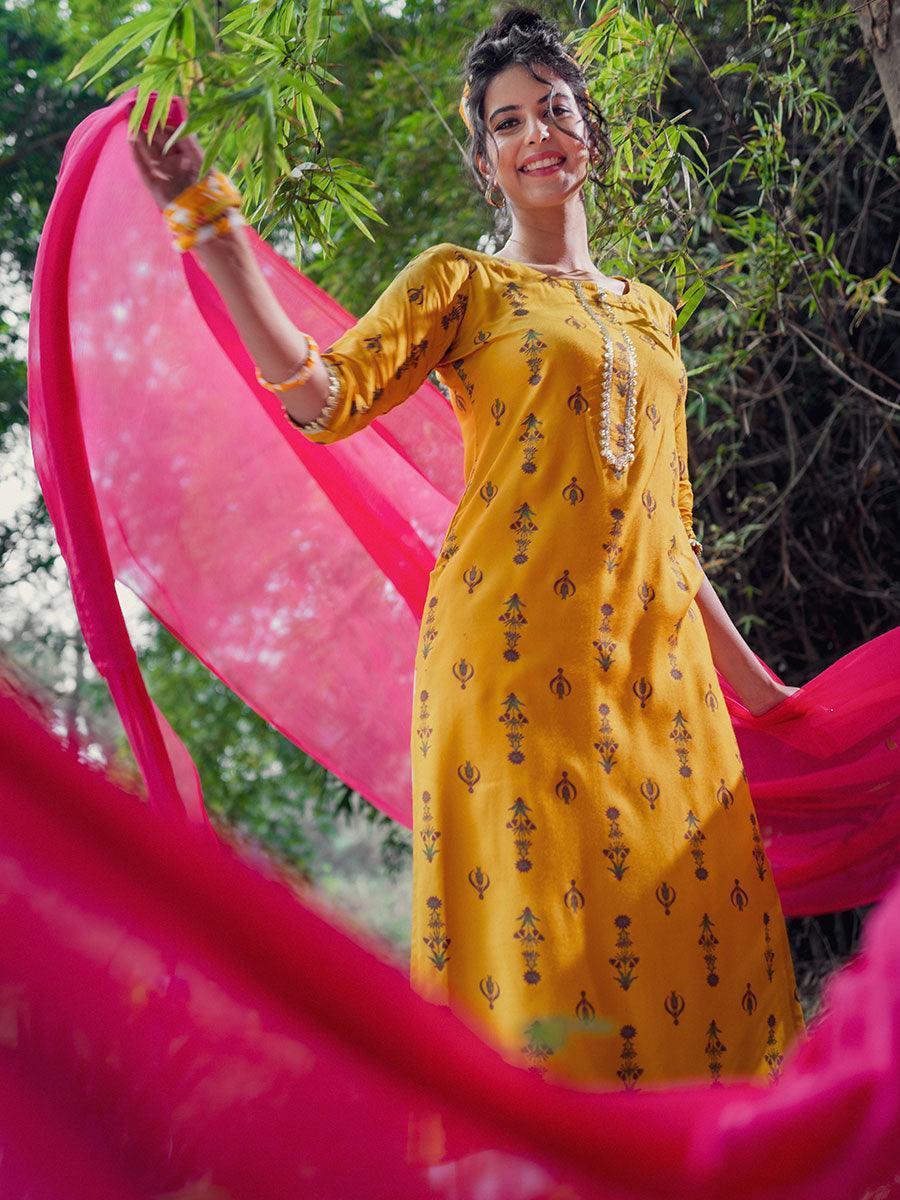 Mustard Printed Rayon Kurta - ShopLibas