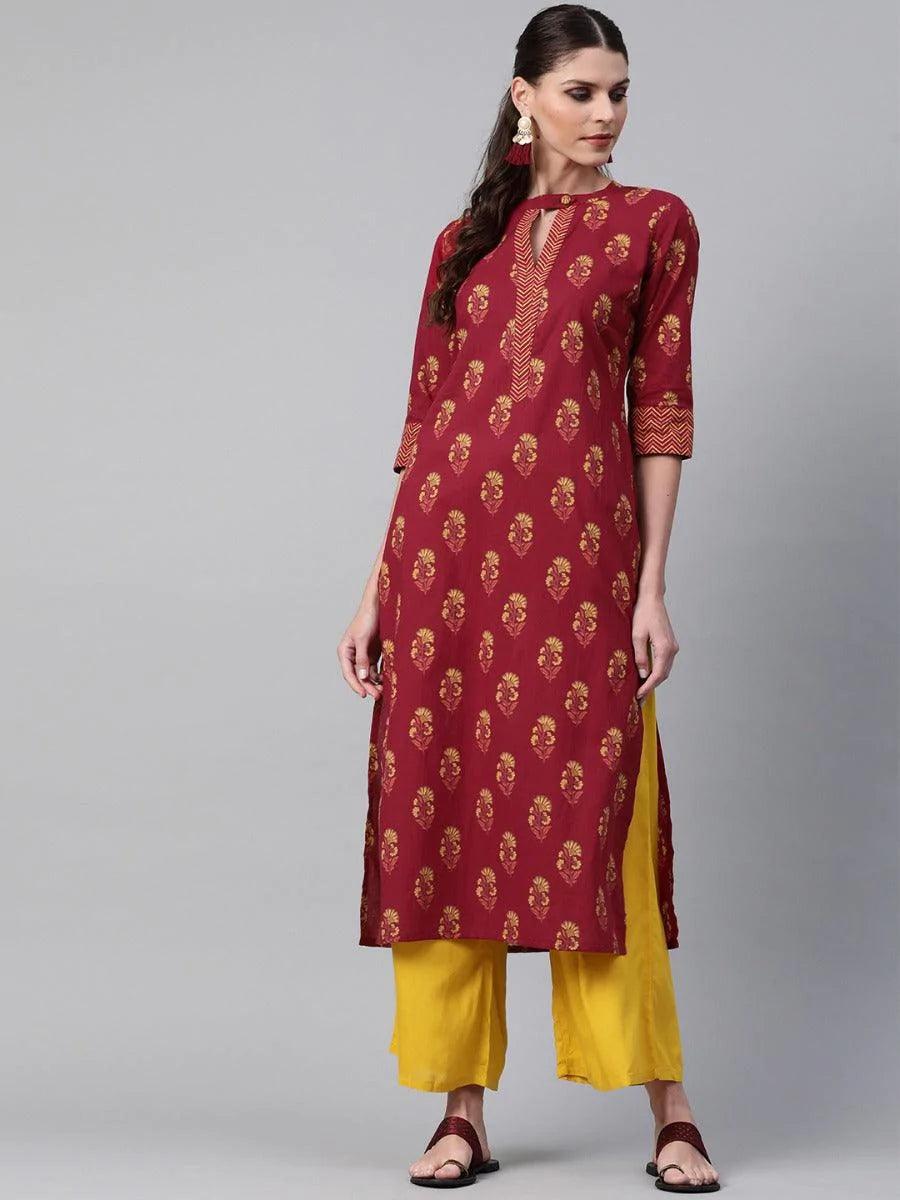 Maroon Printed Cotton Kurta - ShopLibas