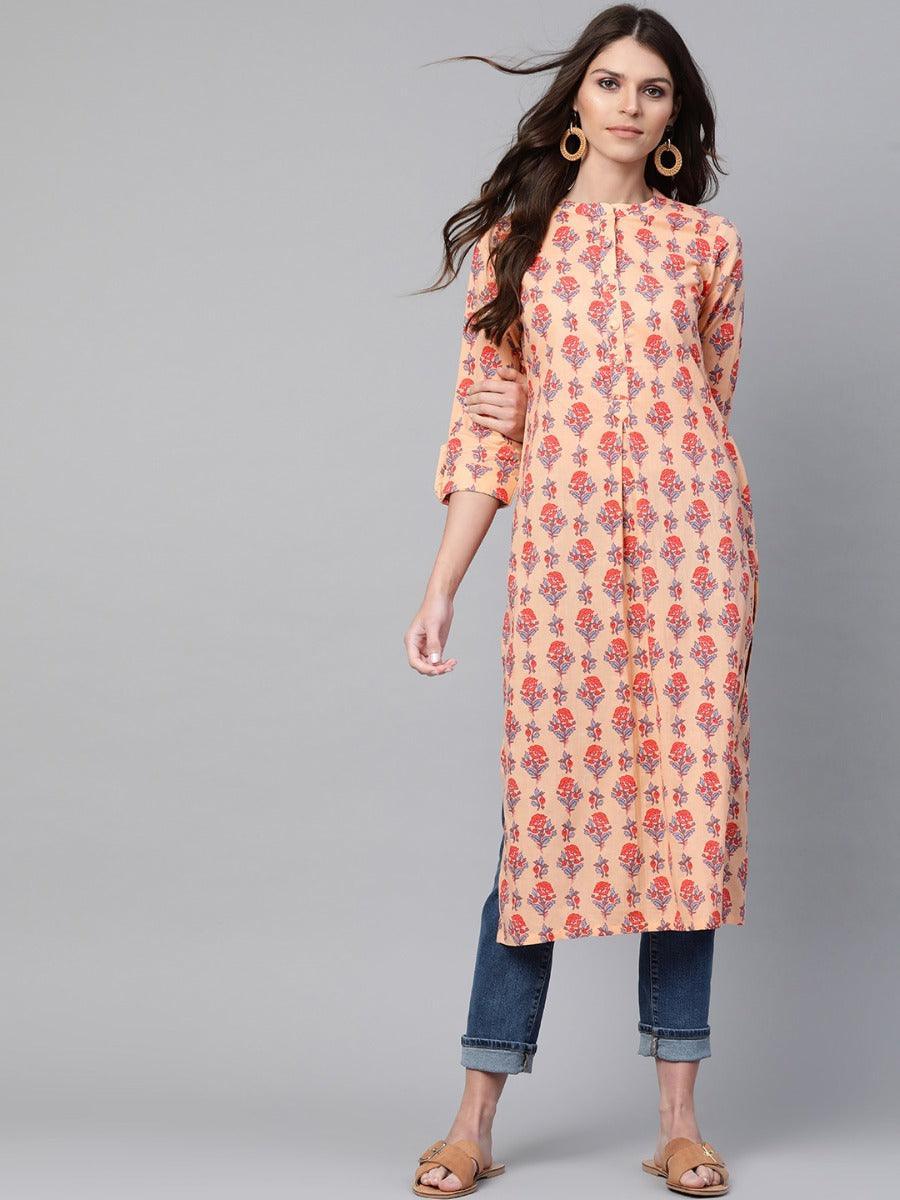 Peach Printed Cotton Kurta - ShopLibas
