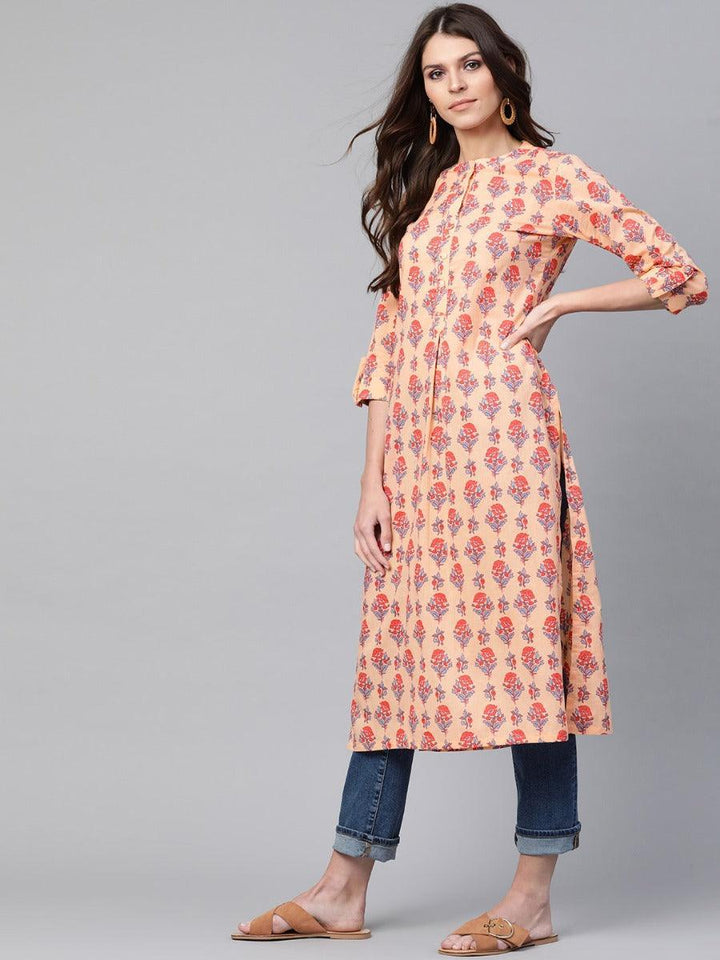 Peach Printed Cotton Kurta - ShopLibas