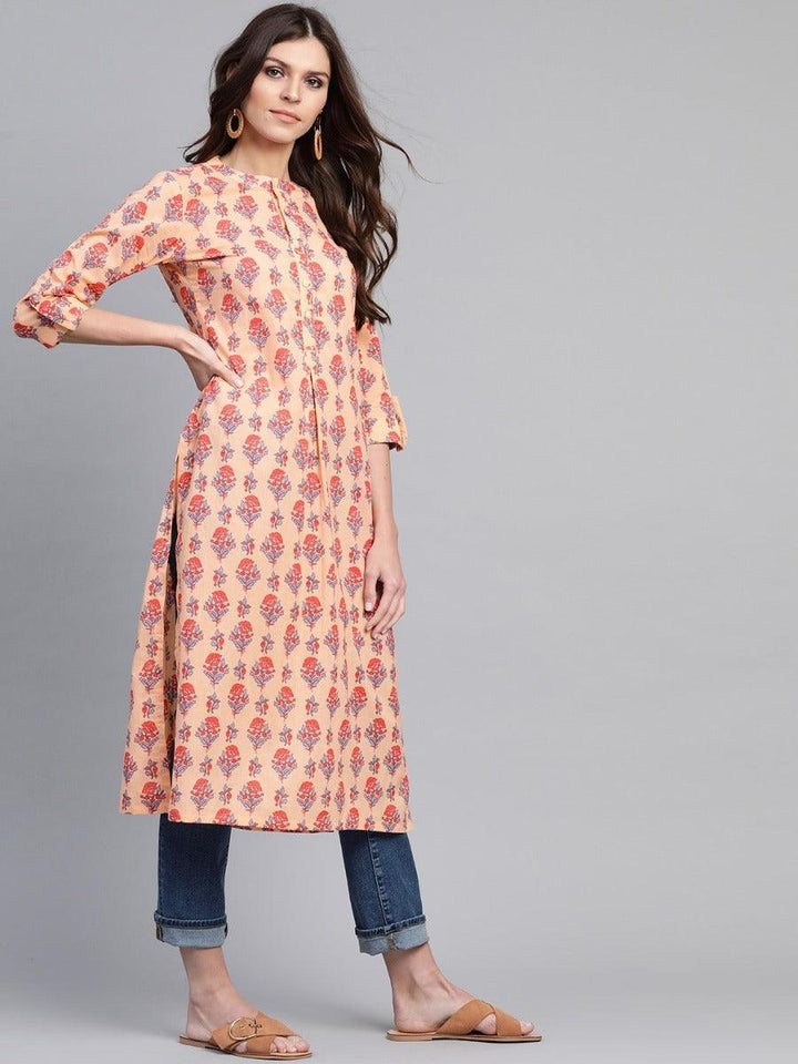 Peach Printed Cotton Kurta - ShopLibas