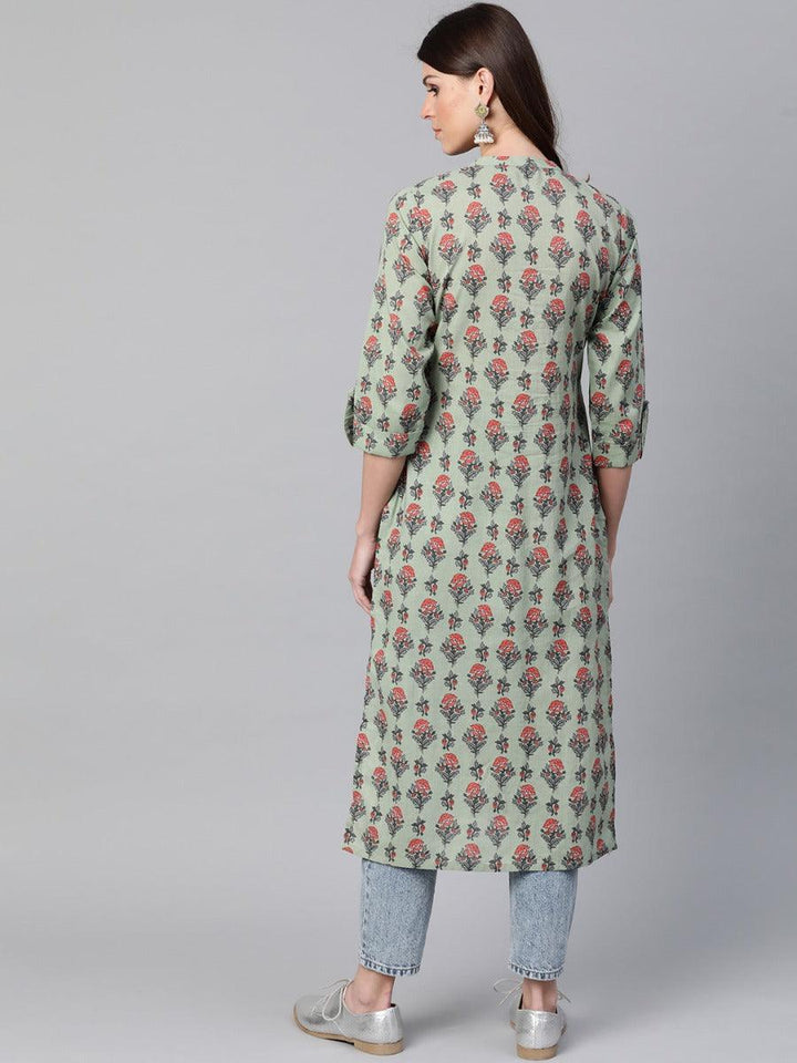 Green Printed Cotton Kurta - ShopLibas