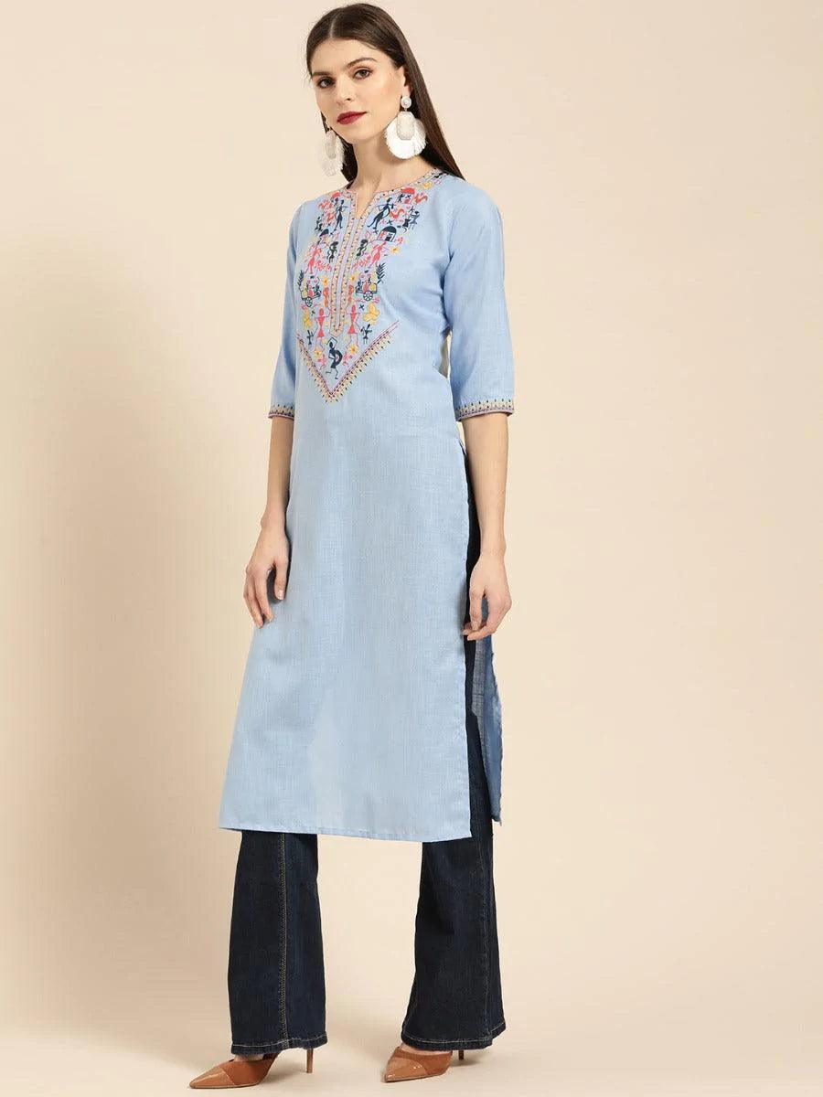 Blue Embroidered Linen Kurta - ShopLibas 