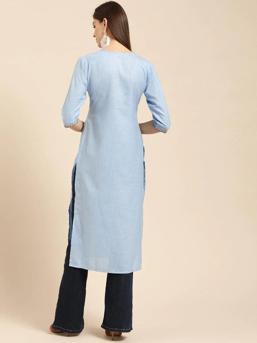 Blue Embroidered Linen Kurta - ShopLibas 