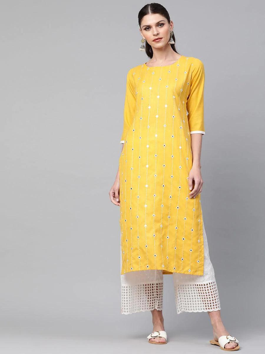 Pastel Yellow Mirror Work Cotton Kurta - ShopLibas