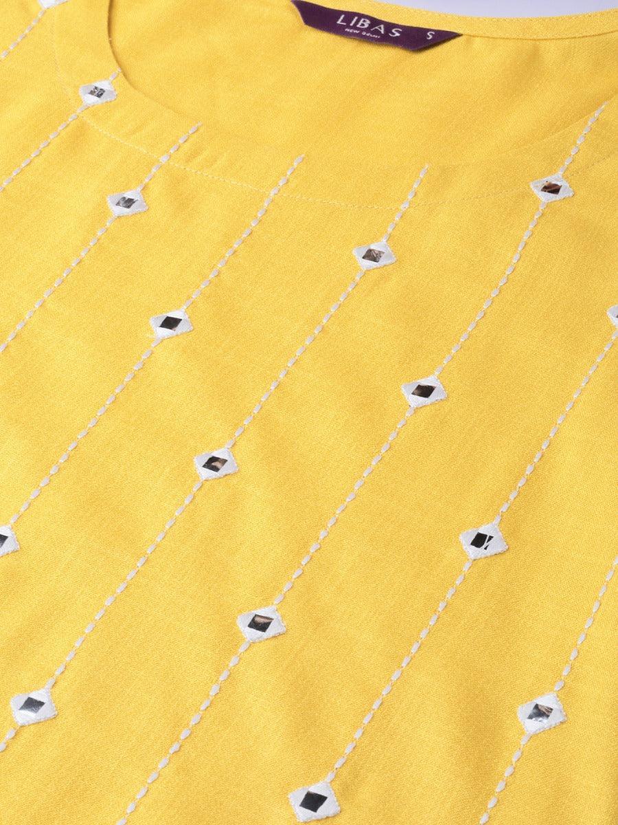 Pastel Yellow Mirror Work Cotton Kurta - ShopLibas