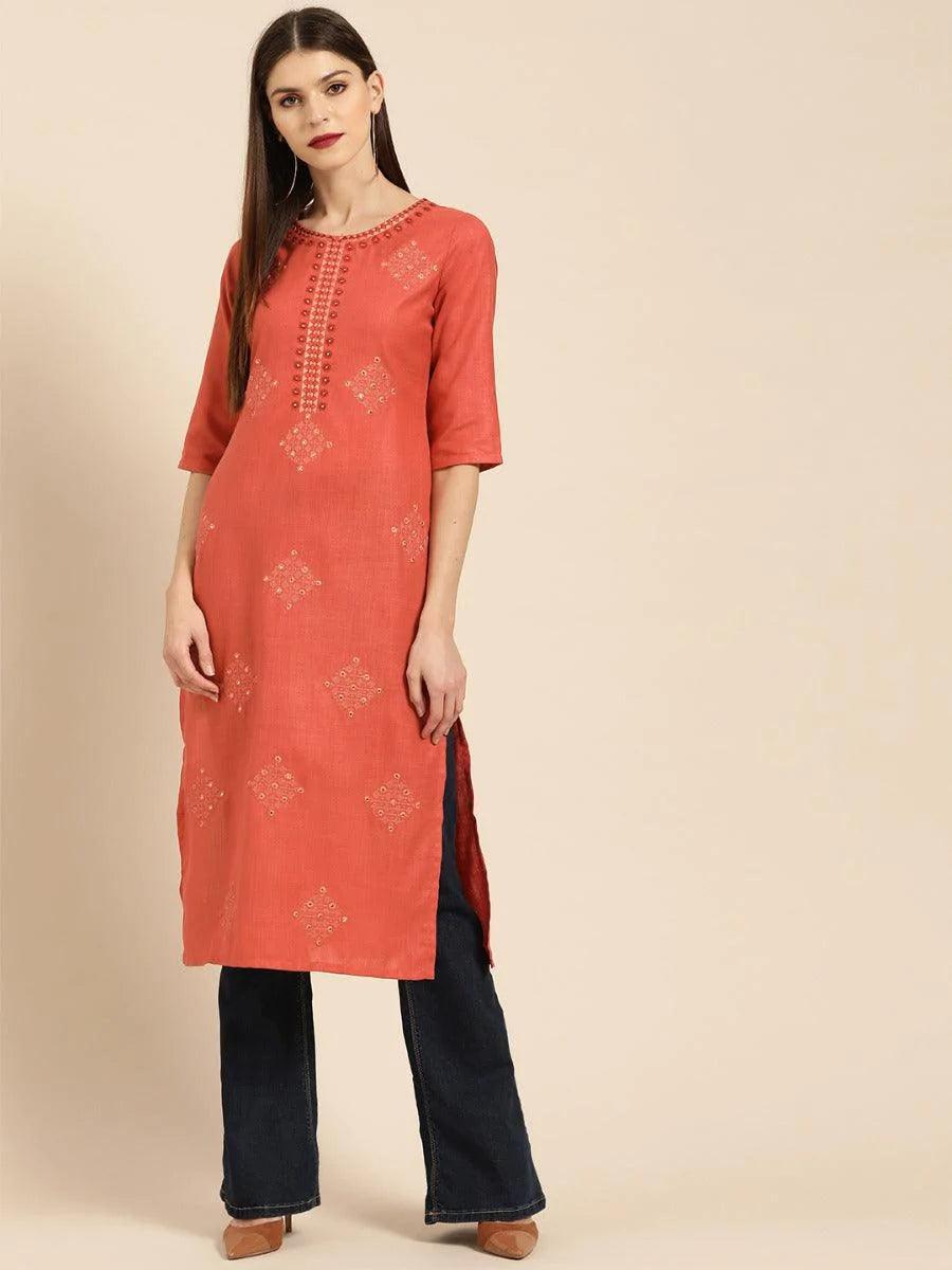 Rust Embroidered Linen Kurta - ShopLibas
