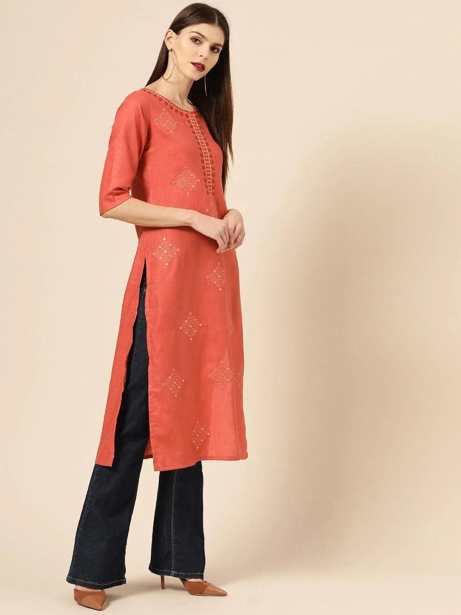 Rust Embroidered Linen Kurta - ShopLibas 
