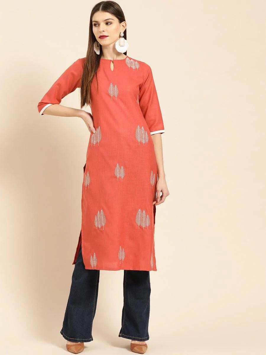 Rust Embroidered Linen Kurta - ShopLibas
