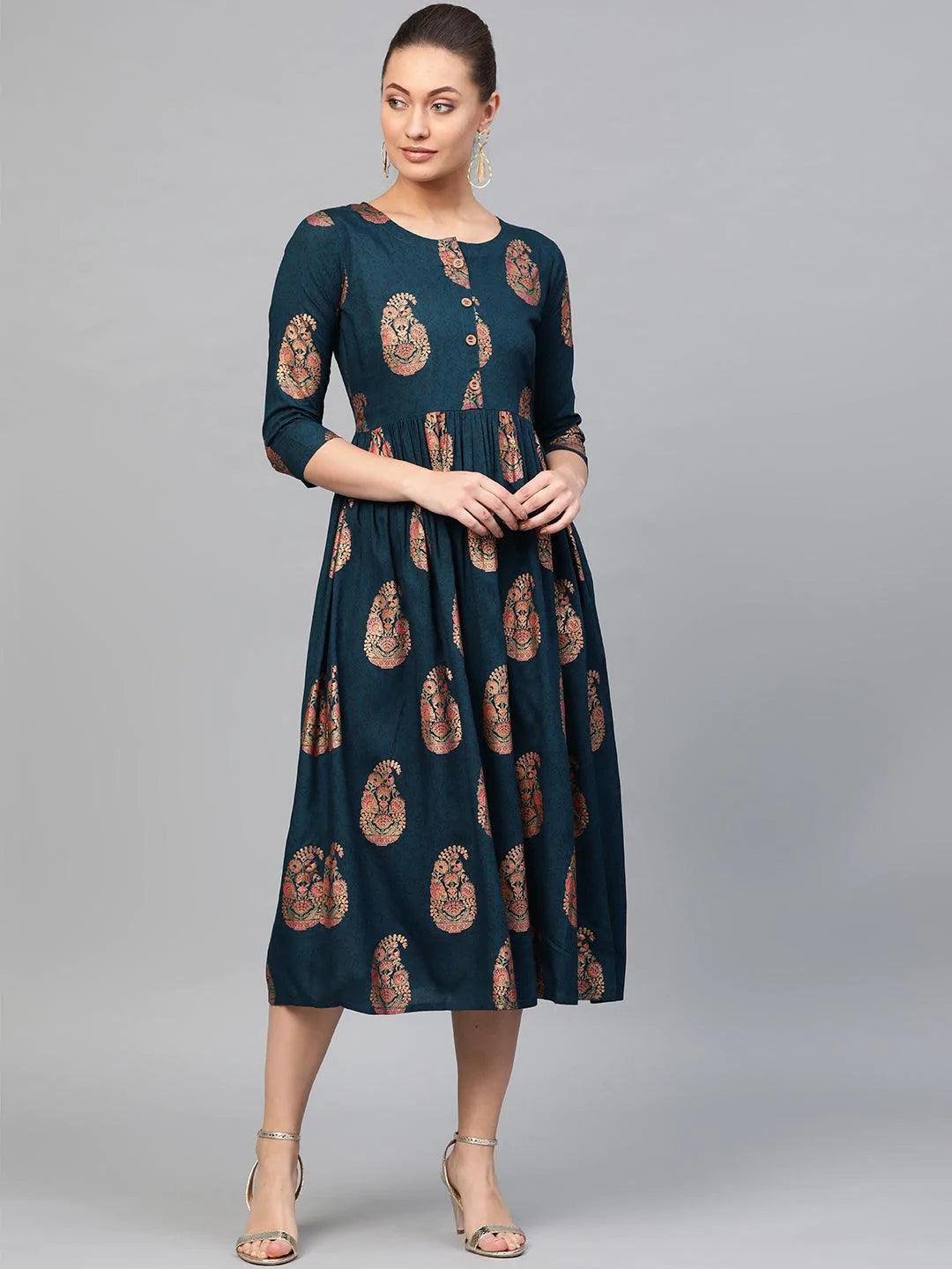 Blue Printed Rayon Dress - ShopLibas