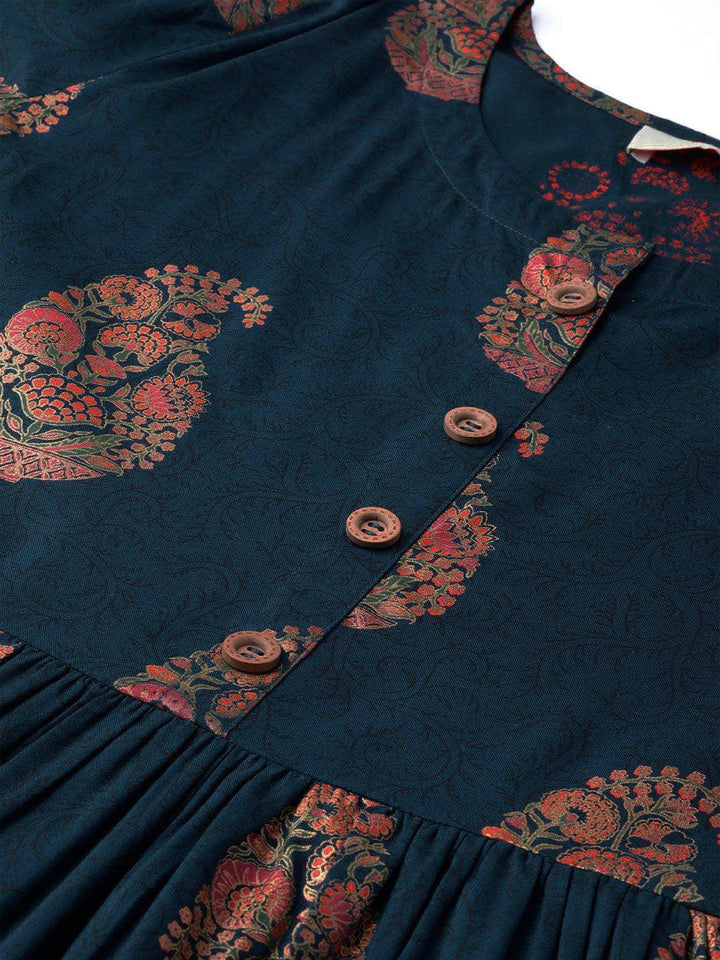 Blue Printed Rayon Dress - ShopLibas
