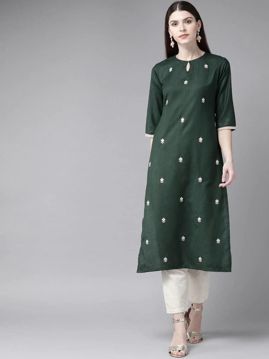 Dark Green Embroidered Cotton Kurta - ShopLibas