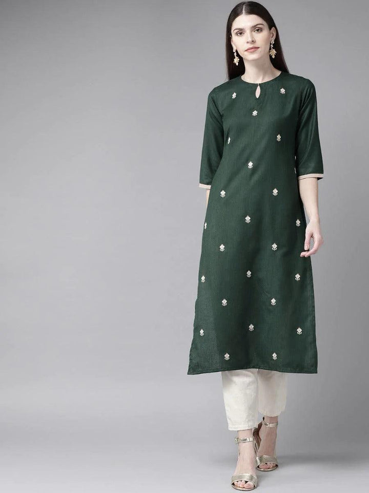 Dark Green Embroidered Cotton Kurta - ShopLibas