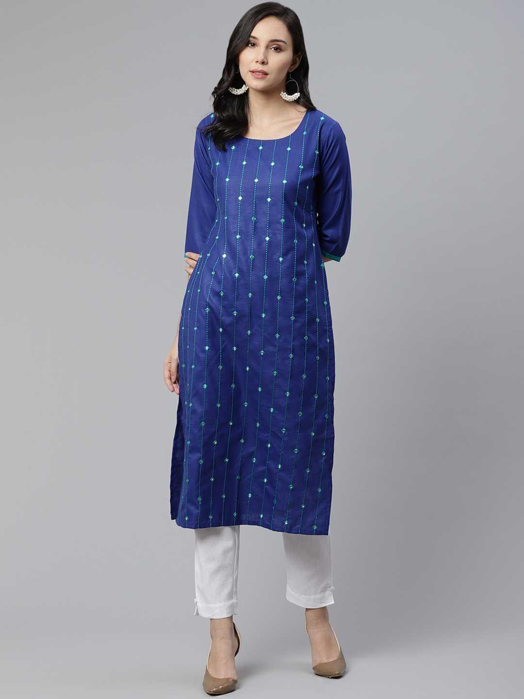 Blue Mirror Work Cotton Kurta - ShopLibas