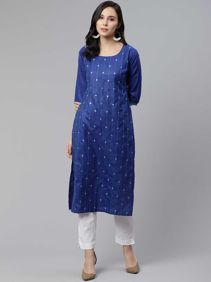 Blue Mirror Work Cotton Kurta - ShopLibas