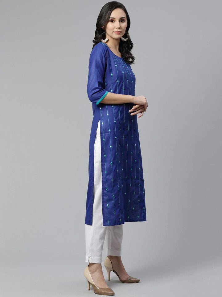 Blue Mirror Work Cotton Kurta - ShopLibas