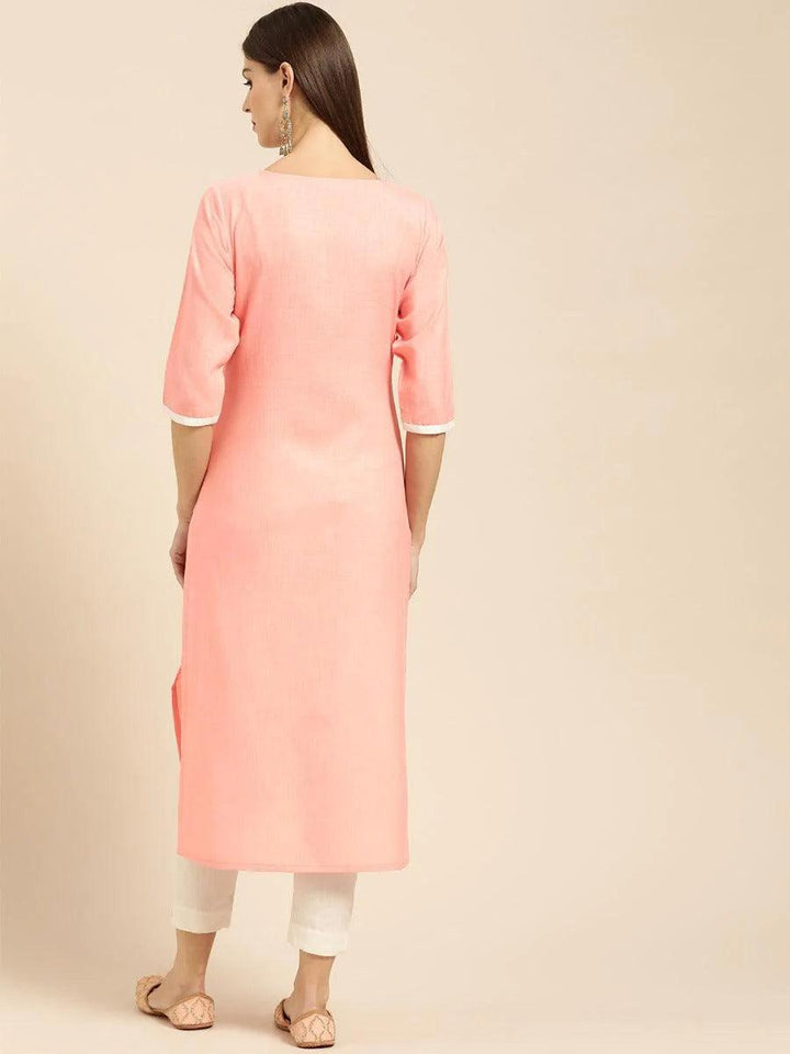 Peach Embroidered Cotton Kurta - ShopLibas
