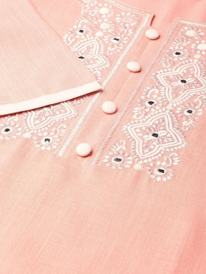 Peach Embroidered Cotton Kurta - ShopLibas