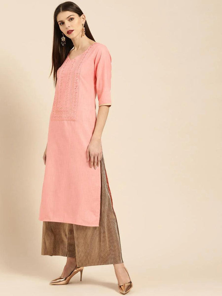 Pink Embroidered Cotton Kurta - ShopLibas