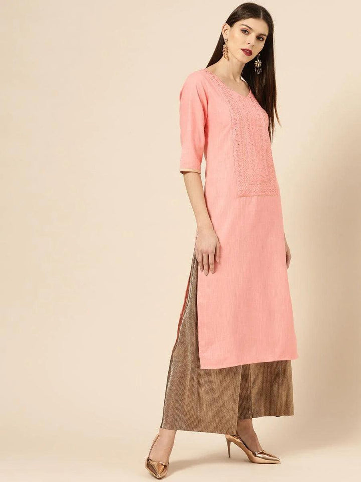 Pink Embroidered Cotton Kurta - ShopLibas