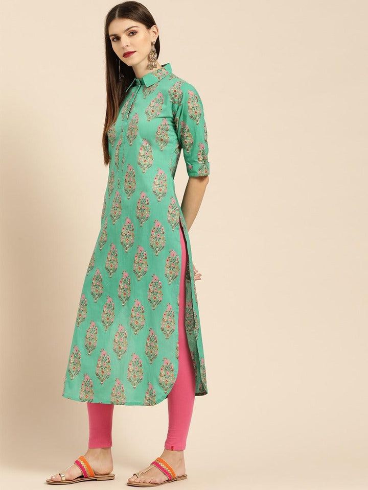 Sea Green Printed Cotton Kurta - ShopLibas
