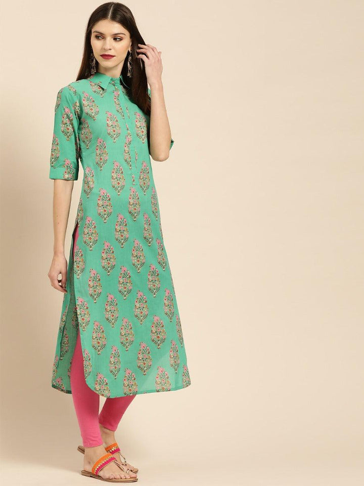 Sea Green Printed Cotton Kurta - ShopLibas