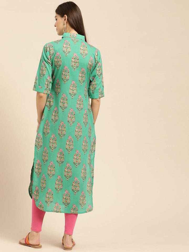 Sea Green Printed Cotton Kurta - ShopLibas