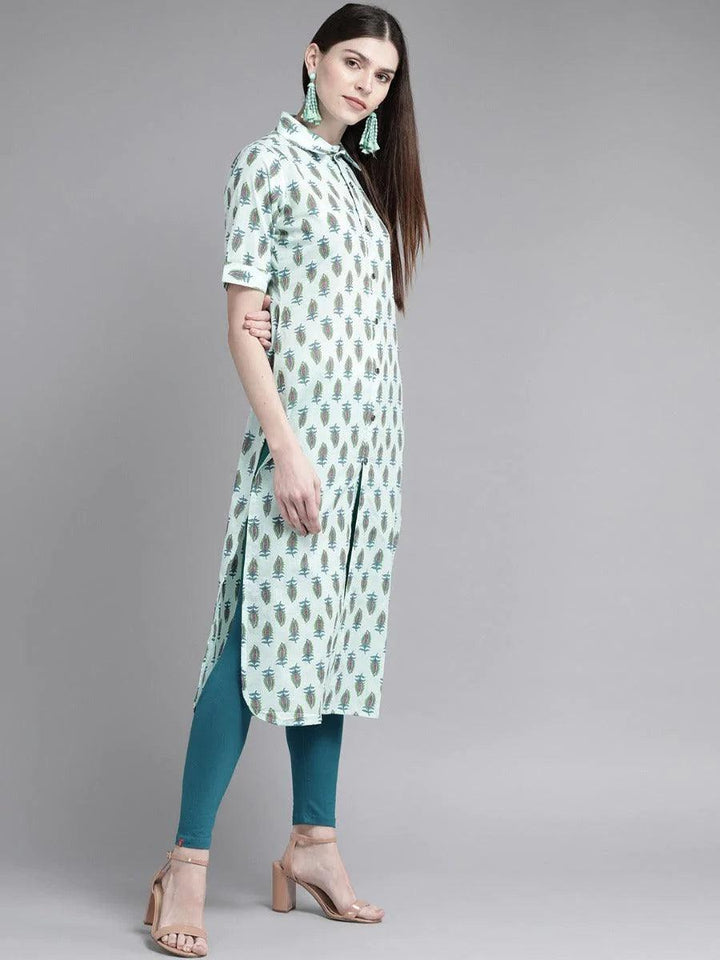 Blue Printed Cotton Kurta - ShopLibas