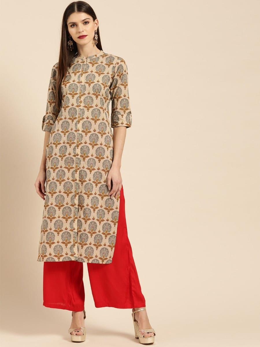 Beige Printed Rayon Kurta - ShopLibas