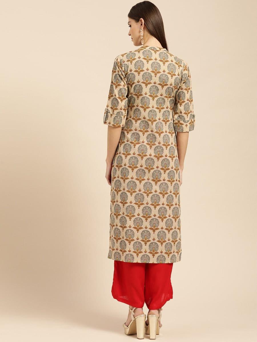 Beige Printed Rayon Kurta - ShopLibas