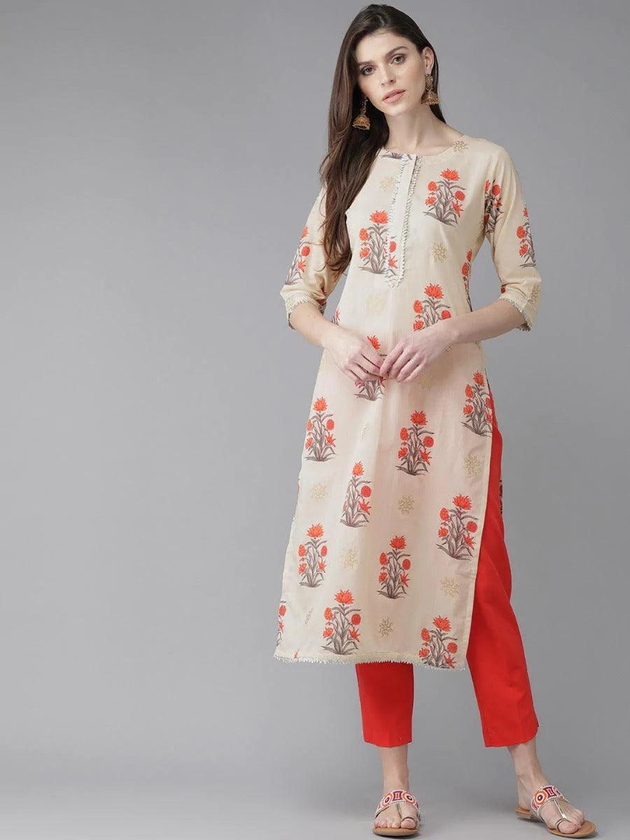 Beige Printed Cotton Kurta - ShopLibas