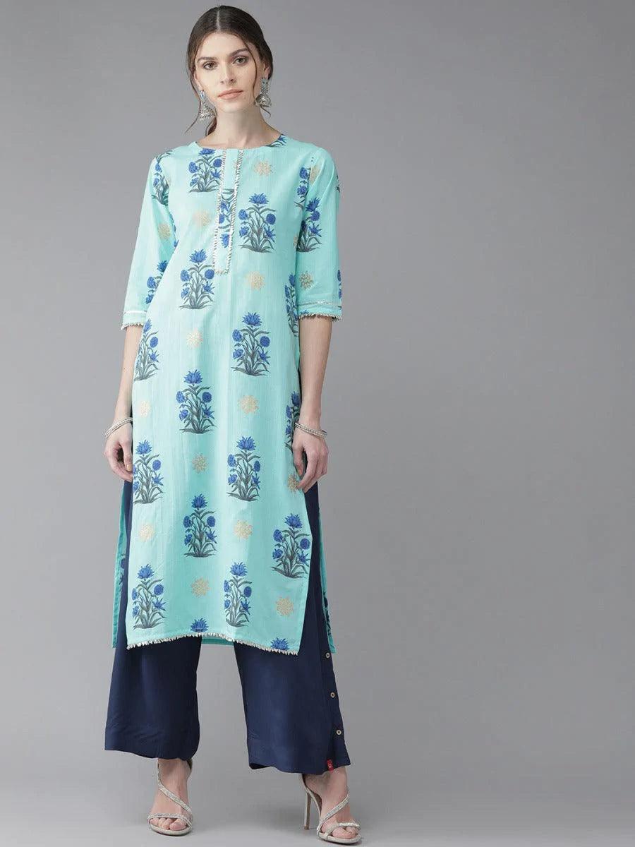 Blue Printed Cotton Kurta - ShopLibas